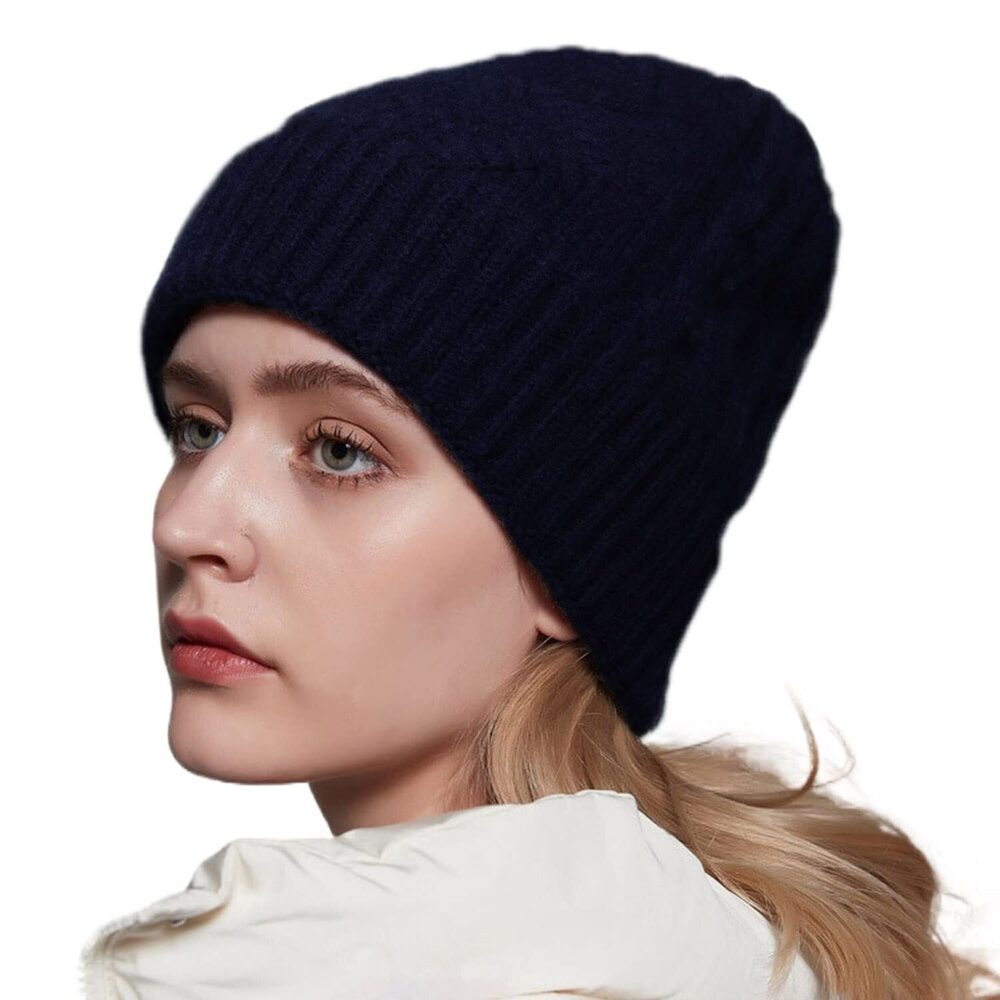 6044 Cashmere Slouchy Beanies Blue Winter Wool Knitted Cuffed Hat Soft Warm